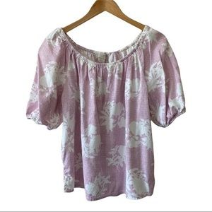 Loft Purple/Pink Balloon Sleeve Floral and Striped Short Sleeve Shirt/Tunic, SM